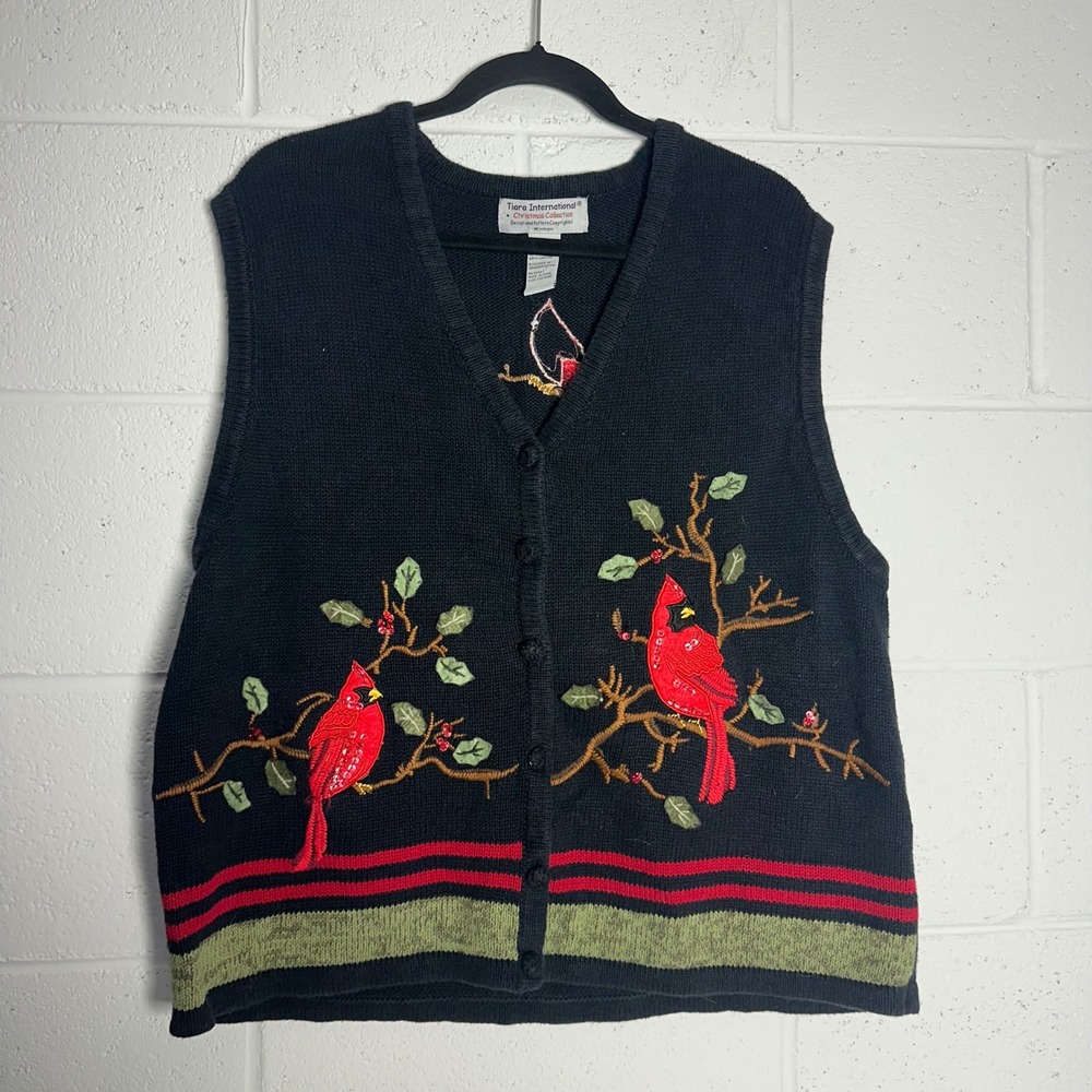 Tiara International Christmas Cardinal Sweater Vest Plus Size 18/20 Black Red